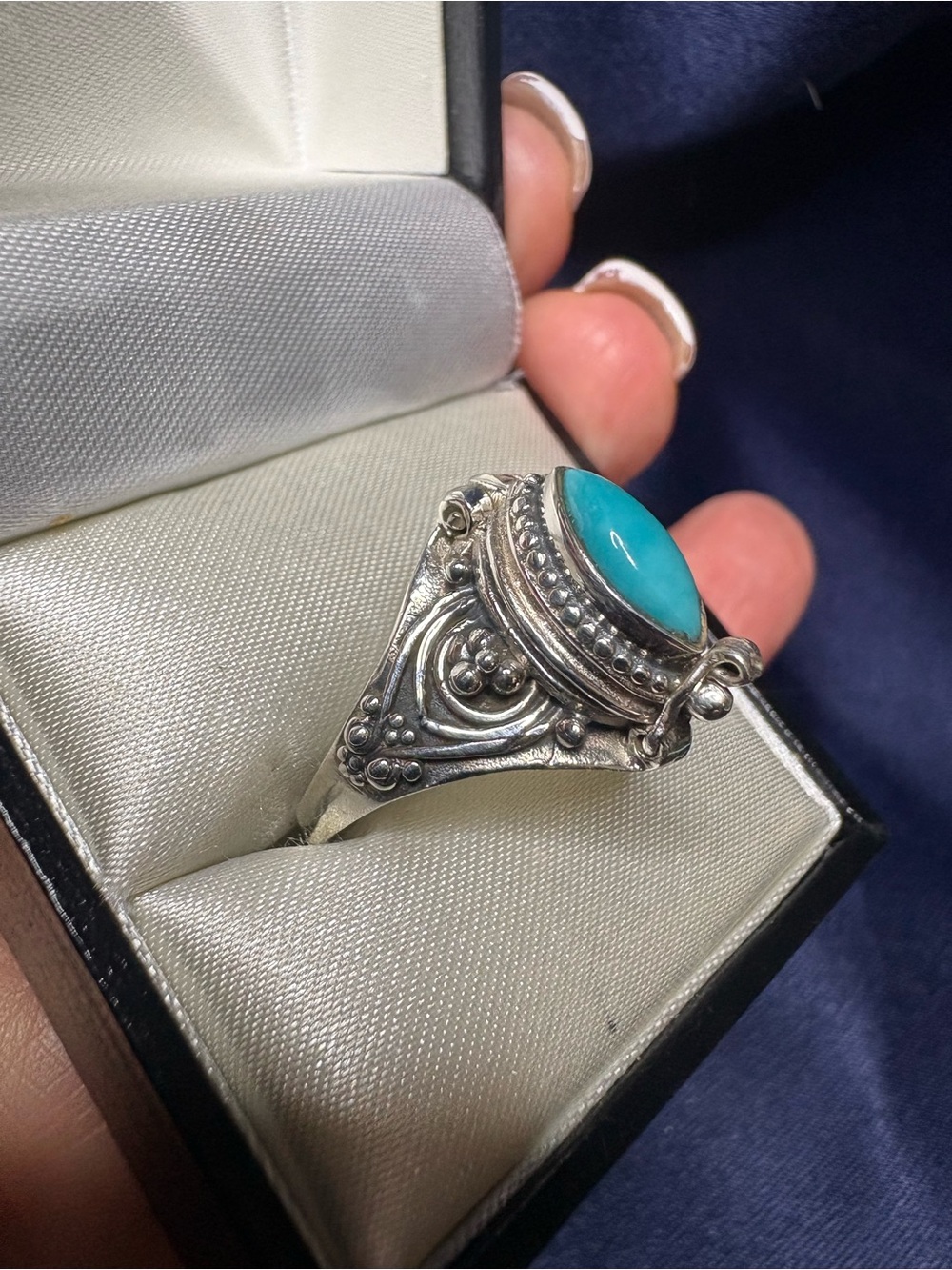 Ring Poison 925 Sterling Silver Marquise Genuine Turquoise Ring - Picture 4 of 10